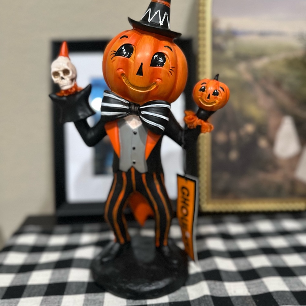 Festive Pumpkin Butler Figurine with Black and Orange Details